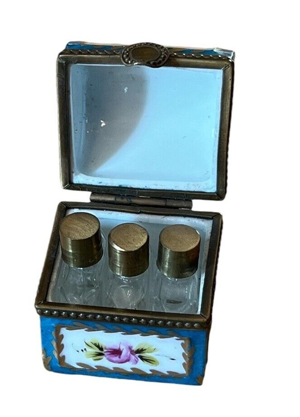 French Porcelain Trinket Box Floral Chest W/ 3 Perfume Bottles Limoge? Mini VTG